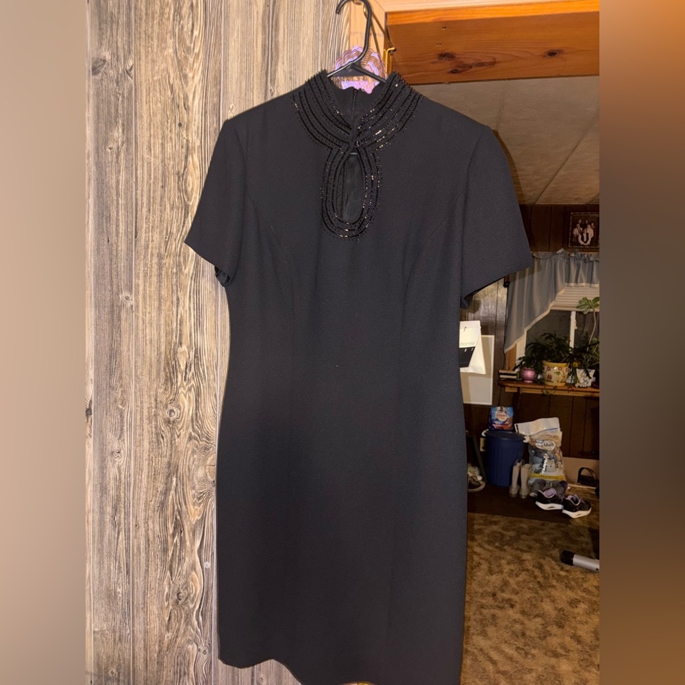 Buttons Black Dress with Beaded Detail